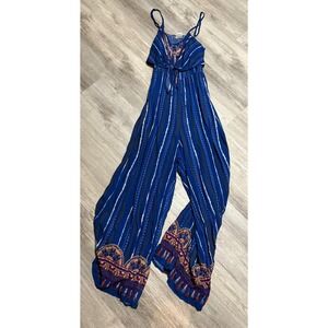 Flying Tomato Blue Boho Tribal Print Wide‎ Leg Jumpsuit Romper Large